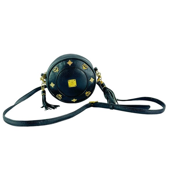 MCM Black Leather With Studded Tambourine Crossbody Funny Bag Made in Germany